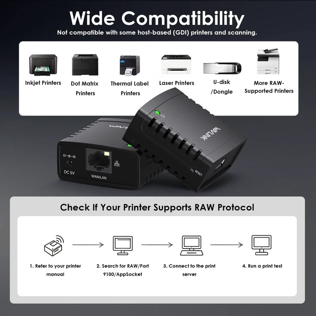 Alt view image 5 of 7 - WAVLINK USB 2.0 Network Print Server, Wired 10/100Mbps LAN & 300Mbps Wireless WiFi Print Share Adapter, RAW TCP/IP Printing (Port 9100), Support JetDirect & Samba, Expandable to Printers/USB Storages