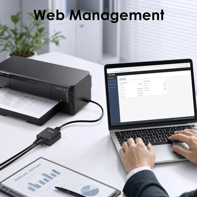 Alt view image 4 of 7 - WAVLINK USB 2.0 Network Print Server, Wired 10/100Mbps LAN & 300Mbps Wireless WiFi Print Share Adapter, RAW TCP/IP Printing (Port 9100), Support JetDirect & Samba, Expandable to Printers/USB Storages