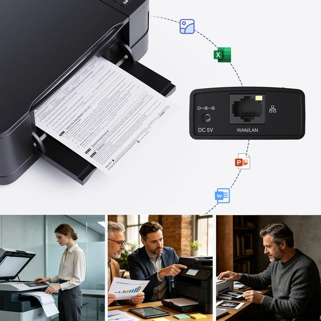 Alt view image 6 of 7 - WAVLINK USB 2.0 Network Print Server, Wired 10/100Mbps LAN & 300Mbps Wireless WiFi Print Share Adapter, RAW TCP/IP Printing (Port 9100), Support JetDirect & Samba, Expandable to Printers/USB Storages