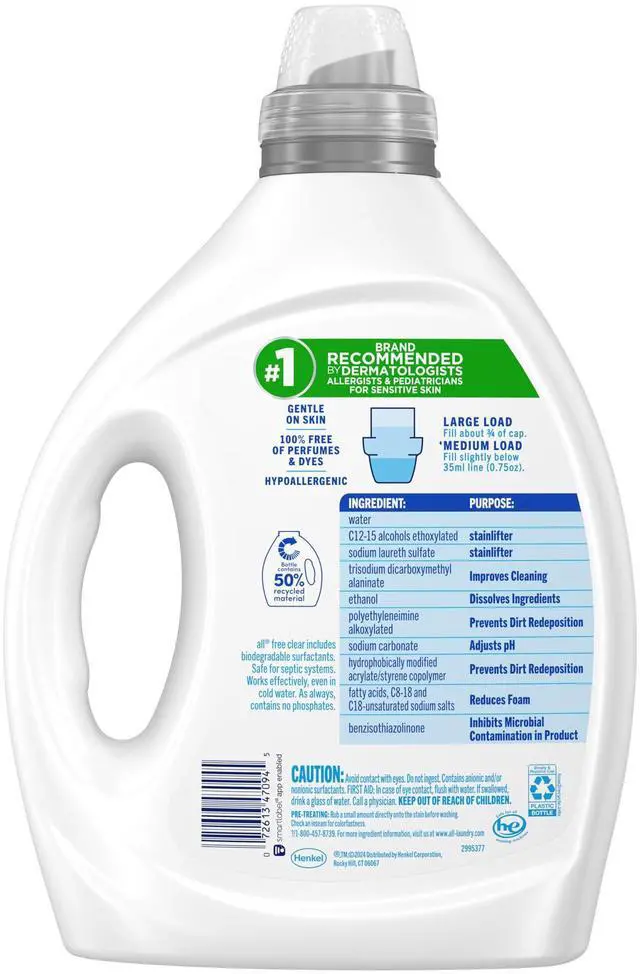 Alt view image 5 of 5 - free clear, Original, Liquid Laundry Detergent for Sensitive Skin, Unscented and Hypoallergenic, Concentrated, 82.5oz, 110 Loads