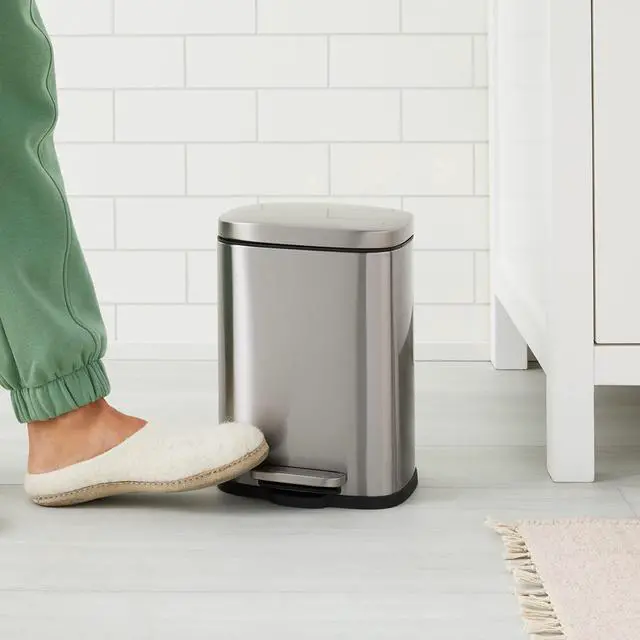 Alt view image 2 of 6 - MINI Trash Can, 1.32 Gallon (5L) Smudge Resistant Rectangular Bin with Soft-Close Lid, Step Foot Pedal, Removable Inner Bucket, Brushed Stainless Steel, for Bathroom, Satin Nickel Finish