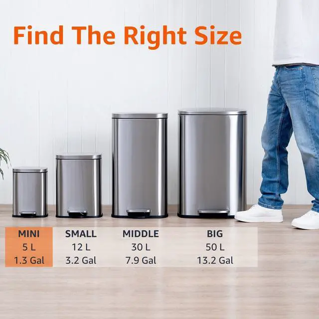 Alt view image 4 of 6 - MINI Trash Can, 1.32 Gallon (5L) Smudge Resistant Rectangular Bin with Soft-Close Lid, Step Foot Pedal, Removable Inner Bucket, Brushed Stainless Steel, for Bathroom, Satin Nickel Finish