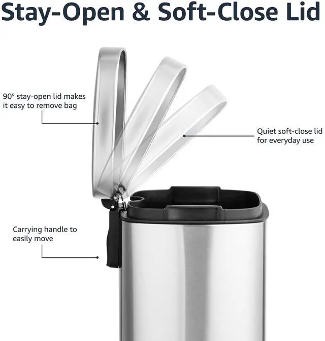 Alt view image 6 of 6 - MINI Trash Can, 1.32 Gallon (5L) Smudge Resistant Rectangular Bin with Soft-Close Lid, Step Foot Pedal, Removable Inner Bucket, Brushed Stainless Steel, for Bathroom, Satin Nickel Finish