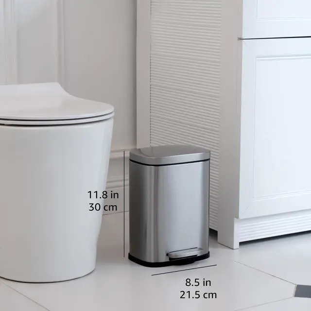 Alt view image 3 of 6 - MINI Trash Can, 1.32 Gallon (5L) Smudge Resistant Rectangular Bin with Soft-Close Lid, Step Foot Pedal, Removable Inner Bucket, Brushed Stainless Steel, for Bathroom, Satin Nickel Finish