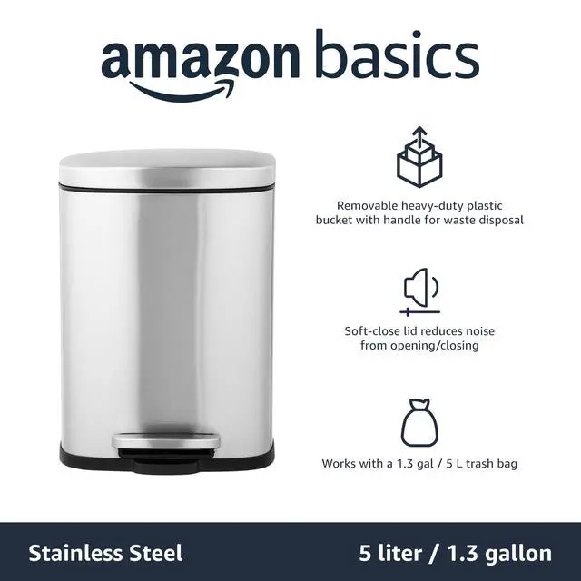 Alt view image 5 of 6 - MINI Trash Can, 1.32 Gallon (5L) Smudge Resistant Rectangular Bin with Soft-Close Lid, Step Foot Pedal, Removable Inner Bucket, Brushed Stainless Steel, for Bathroom, Satin Nickel Finish