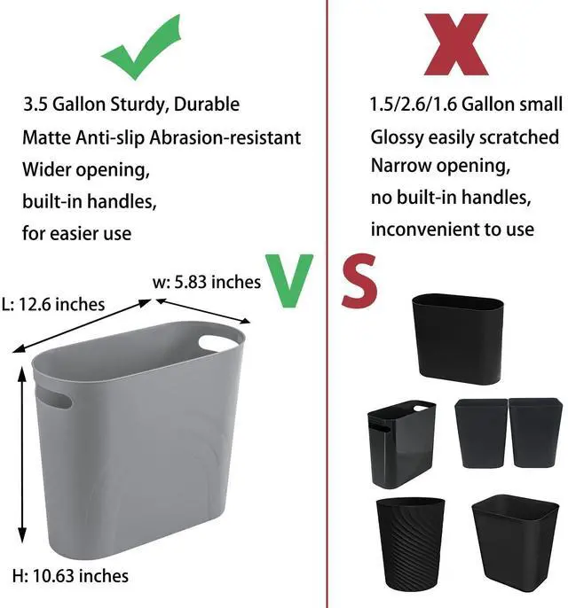 Alt view image 3 of 7 - Small Trash Can, 3.5 Gallon Slim Garbage Can Plastic Waste Basket with Handles Container Bin for Narrow Spaces Bathroom, Bedroom, Kitchen, Office at Home, Grey