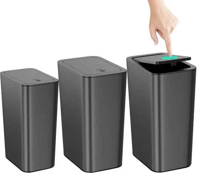 Main image of Bathroom Trash Can with Lid 3 Pack Set, 2 Packs 4 Gal Slim Kitchen Trash Bin and 1 Pack 2.6Gal Garbage Can, Small Trash Can/Trash Bin/Waste Basket for Bedroom (Black, Pack of 3)