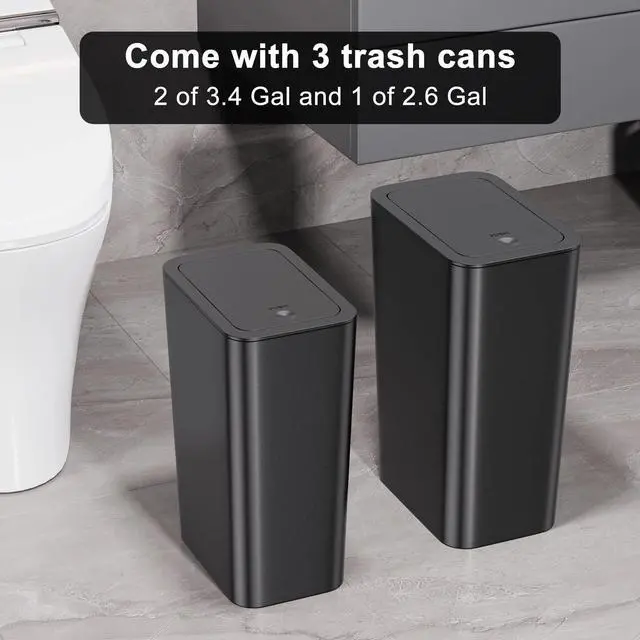Alt view image 7 of 7 - Bathroom Trash Can with Lid 3 Pack Set, 2 Packs 4 Gal Slim Kitchen Trash Bin and 1 Pack 2.6Gal Garbage Can, Small Trash Can/Trash Bin/Waste Basket for Bedroom (Black, Pack of 3)