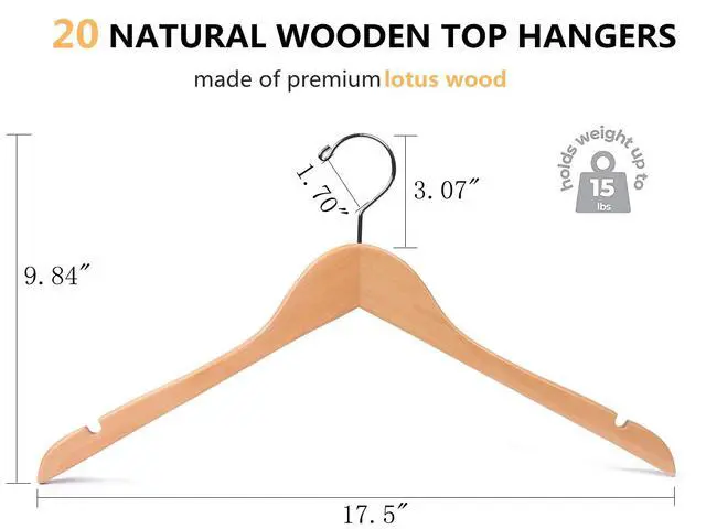 Alt view image 2 of 7 - 20 Pack Natural Wooden Shirt Hangers, Premiun Wood Coat Hangers Without bar, Clothes Hangers for Jacket, Bridal (Natural, 20)