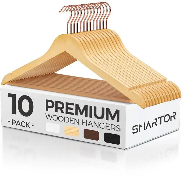 Main image of Wooden Hangers 10 Pack, Solid Wood Coat Hanger for Closet, Heavy Duty Wood Hangers for Suits, Shirts, Dresses, with 360° Rose Gold Hook, Non Slip Pant Bar, Natural