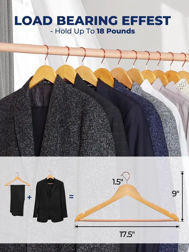 Alt view image 4 of 7 - Wooden Hangers 10 Pack, Solid Wood Coat Hanger for Closet, Heavy Duty Wood Hangers for Suits, Shirts, Dresses, with 360° Rose Gold Hook, Non Slip Pant Bar, Natural
