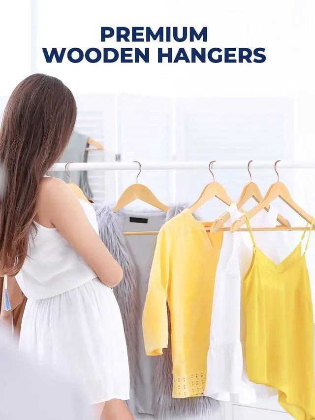 Alt view image 7 of 7 - Wooden Hangers 10 Pack, Solid Wood Coat Hanger for Closet, Heavy Duty Wood Hangers for Suits, Shirts, Dresses, with 360° Rose Gold Hook, Non Slip Pant Bar, Natural