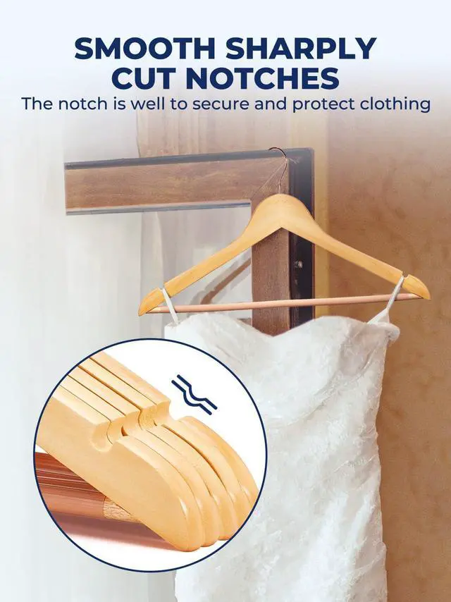 Alt view image 5 of 7 - Wooden Hangers 10 Pack, Solid Wood Coat Hanger for Closet, Heavy Duty Wood Hangers for Suits, Shirts, Dresses, with 360° Rose Gold Hook, Non Slip Pant Bar, Natural