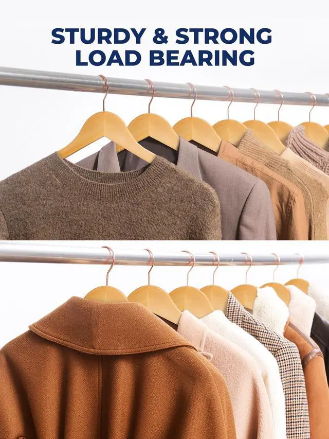 Alt view image 6 of 7 - Wooden Hangers 10 Pack, Solid Wood Coat Hanger for Closet, Heavy Duty Wood Hangers for Suits, Shirts, Dresses, with 360° Rose Gold Hook, Non Slip Pant Bar, Natural