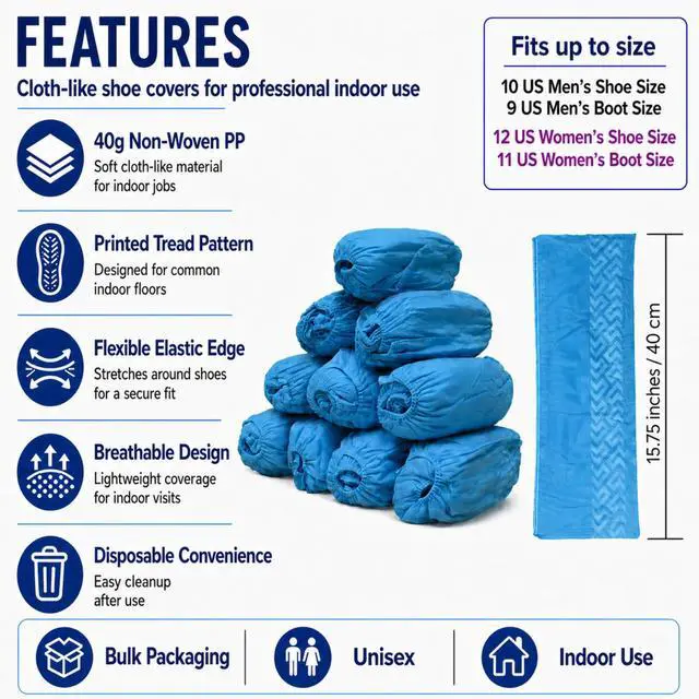 Alt view image 2 of 6 - Blue Indoor Disposable Shoe Covers - Disposable Non Slip Boot Covers - Indoor Reusable Booties - Treads - Water Resistant - 100 Pack, Large