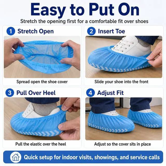 Alt view image 4 of 6 - Blue Indoor Disposable Shoe Covers - Disposable Non Slip Boot Covers - Indoor Reusable Booties - Treads - Water Resistant - 100 Pack, Large