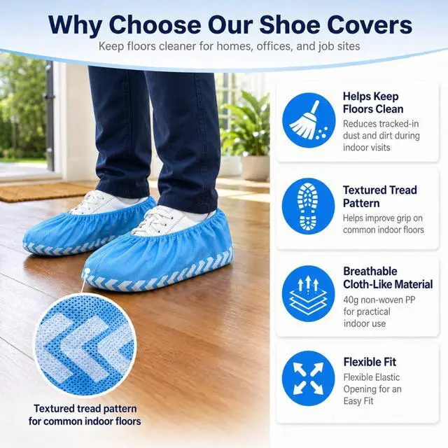 Alt view image 6 of 6 - Blue Indoor Disposable Shoe Covers - Disposable Non Slip Boot Covers - Indoor Reusable Booties - Treads - Water Resistant - 100 Pack, Large