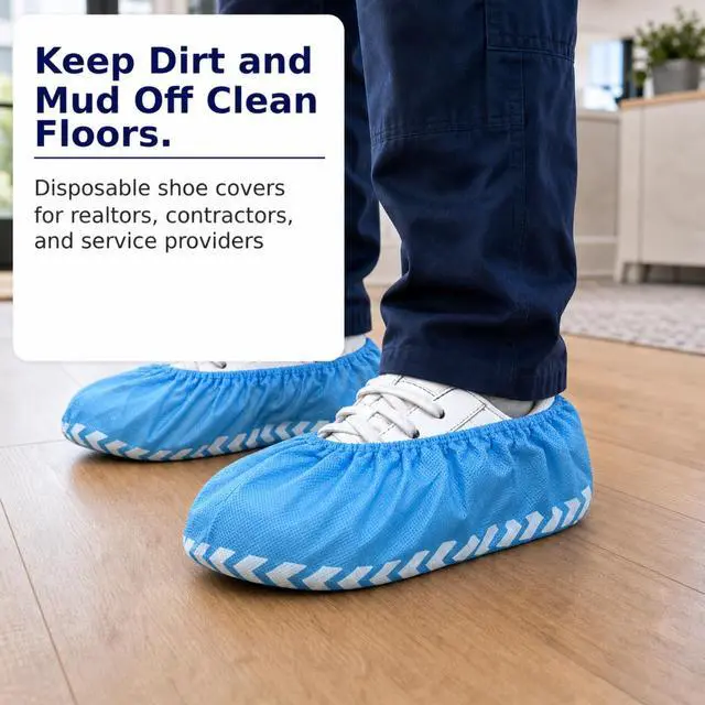Alt view image 3 of 6 - Blue Indoor Disposable Shoe Covers - Disposable Non Slip Boot Covers - Indoor Reusable Booties - Treads - Water Resistant - 100 Pack, Large