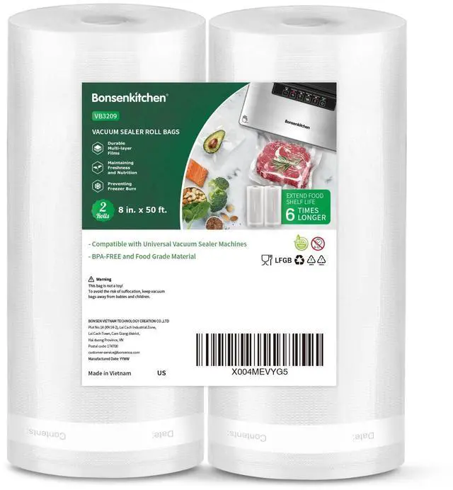 Main image of Vacuum Sealer Bags, 8" x 50' Rolls 2 pack for Food Storage Saver, Bpa Free, Heavy Duty, Commercial Grade Textured Food Roll, Customized Size Bag for Sous Vide Cooking,VB3209