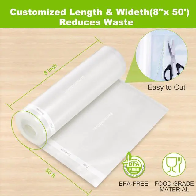 Alt view image 6 of 7 - Vacuum Sealer Bags, 8" x 50' Rolls 2 pack for Food Storage Saver, Bpa Free, Heavy Duty, Commercial Grade Textured Food Roll, Customized Size Bag for Sous Vide Cooking,VB3209