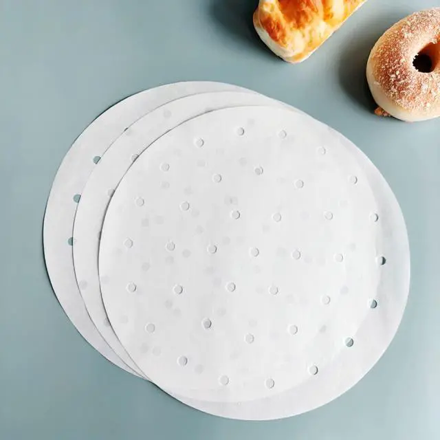Alt view image 2 of 6 - 100 PCS Bamboo Steamer Liner, 10" Round Air Fryer Parchment Paper with Holes, White Anti-Stick Steamer Paper