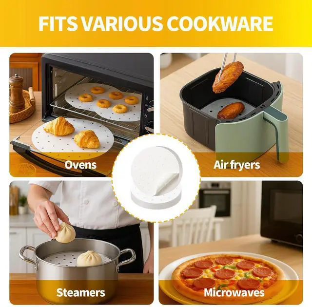 Alt view image 6 of 6 - 300 PCS Non-Stick Bamboo Steamer Paper, 10" Round Liners with Holes for Steamer Basket, Air Fryer, Bamboo Steamers, and Oven Use