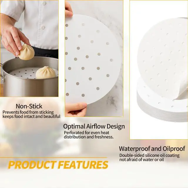 Alt view image 3 of 6 - 300 PCS Non-Stick Bamboo Steamer Paper, 10" Round Liners with Holes for Steamer Basket, Air Fryer, Bamboo Steamers, and Oven Use