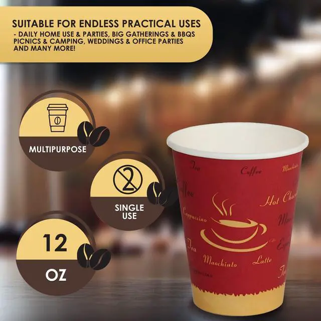 Alt view image 5 of 5 - Disposable Coffee Cups, Single-Use Paper Cups, To-Go Hot Beverage Cups for Espresso Coffee Tea Hot Chocolate, Leak Resistant, Cafe & Home Use (50, 12oz)