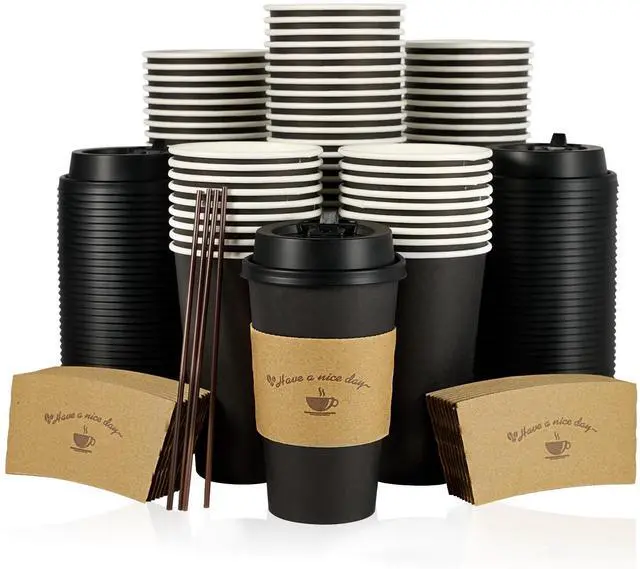 Main image of 100 Pack 16 oz Paper Coffee Cups with Lids, Black Disposable Coffee Cups with Lids, Sleeves and Stirring Sticks, for Parties, Picnic, Travel, and Events