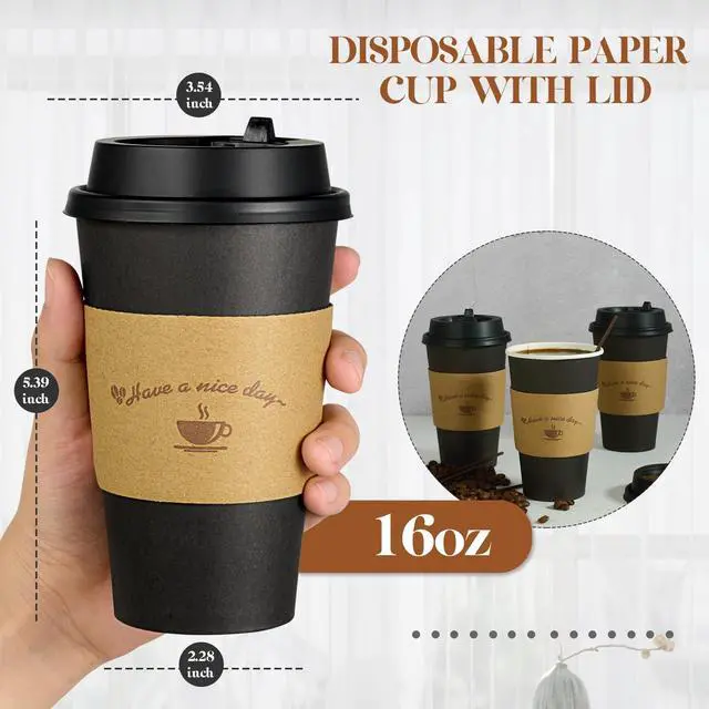 Alt view image 2 of 7 - 100 Pack 16 oz Paper Coffee Cups with Lids, Black Disposable Coffee Cups with Lids, Sleeves and Stirring Sticks, for Parties, Picnic, Travel, and Events