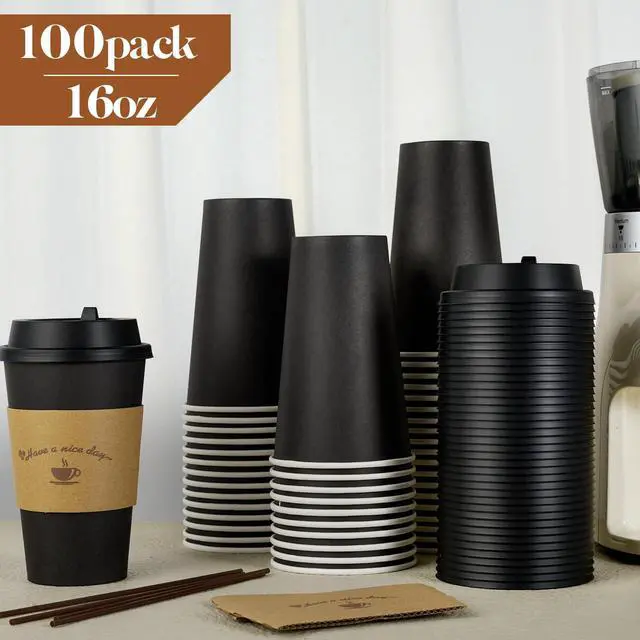 Alt view image 3 of 7 - 100 Pack 16 oz Paper Coffee Cups with Lids, Black Disposable Coffee Cups with Lids, Sleeves and Stirring Sticks, for Parties, Picnic, Travel, and Events