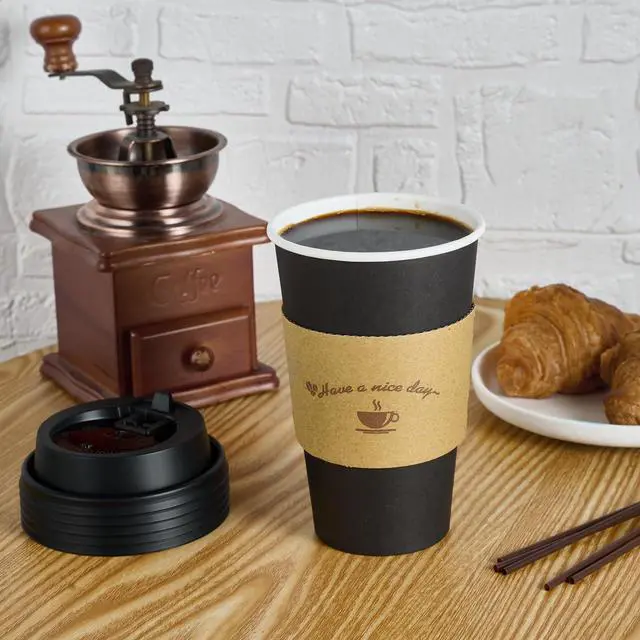 Alt view image 5 of 7 - 100 Pack 16 oz Paper Coffee Cups with Lids, Black Disposable Coffee Cups with Lids, Sleeves and Stirring Sticks, for Parties, Picnic, Travel, and Events