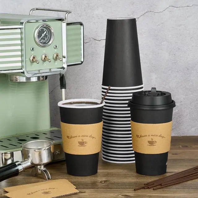 Alt view image 4 of 7 - 100 Pack 16 oz Paper Coffee Cups with Lids, Black Disposable Coffee Cups with Lids, Sleeves and Stirring Sticks, for Parties, Picnic, Travel, and Events