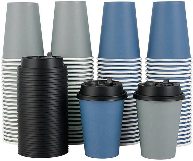 Main image of 100 Pack 12 oz Disposable Paper Coffee Cups with Lids for Coffee, Water, Juice, or Tea, Blue and Gray Hot Paper Cups for Home, Restaurant, Store, and Cafe