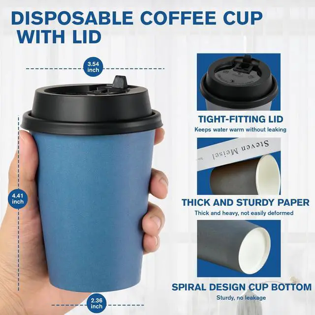 Alt view image 2 of 7 - 100 Pack 12 oz Disposable Paper Coffee Cups with Lids for Coffee, Water, Juice, or Tea, Blue and Gray Hot Paper Cups for Home, Restaurant, Store, and Cafe