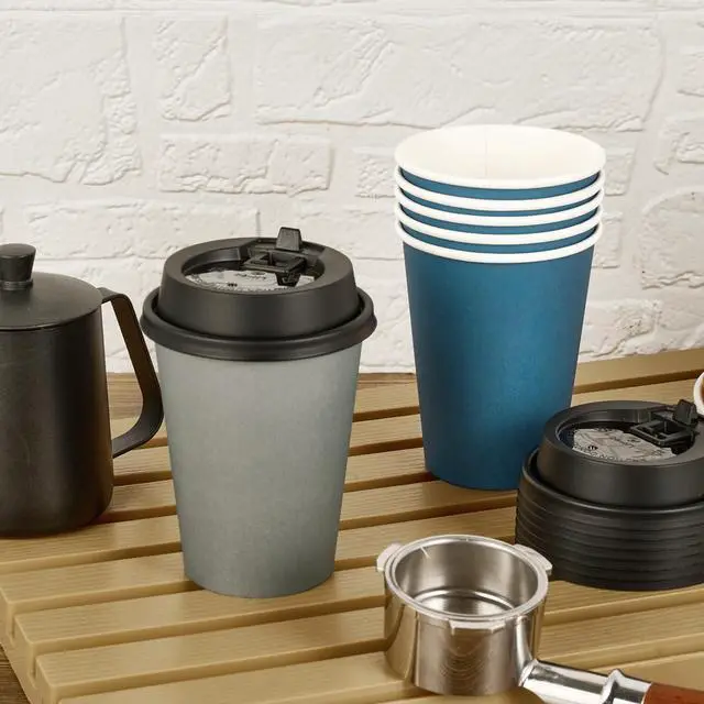 Alt view image 4 of 7 - 100 Pack 12 oz Disposable Paper Coffee Cups with Lids for Coffee, Water, Juice, or Tea, Blue and Gray Hot Paper Cups for Home, Restaurant, Store, and Cafe