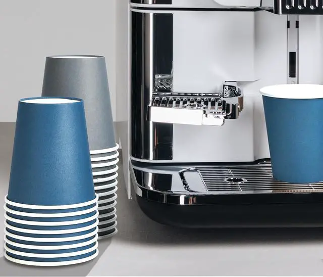 Alt view image 5 of 7 - 100 Pack 12 oz Disposable Paper Coffee Cups with Lids for Coffee, Water, Juice, or Tea, Blue and Gray Hot Paper Cups for Home, Restaurant, Store, and Cafe