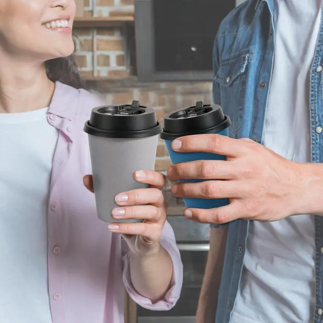 Alt view image 6 of 7 - 100 Pack 12 oz Disposable Paper Coffee Cups with Lids for Coffee, Water, Juice, or Tea, Blue and Gray Hot Paper Cups for Home, Restaurant, Store, and Cafe