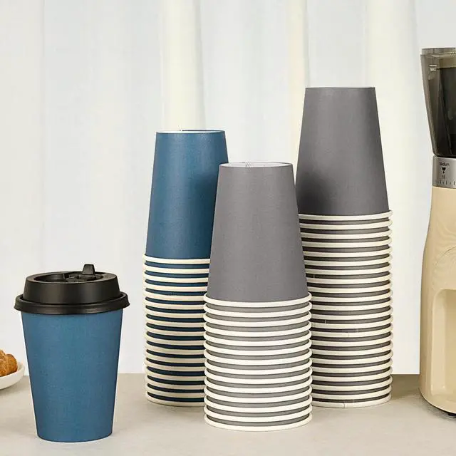 Alt view image 3 of 7 - 100 Pack 12 oz Disposable Paper Coffee Cups with Lids for Coffee, Water, Juice, or Tea, Blue and Gray Hot Paper Cups for Home, Restaurant, Store, and Cafe