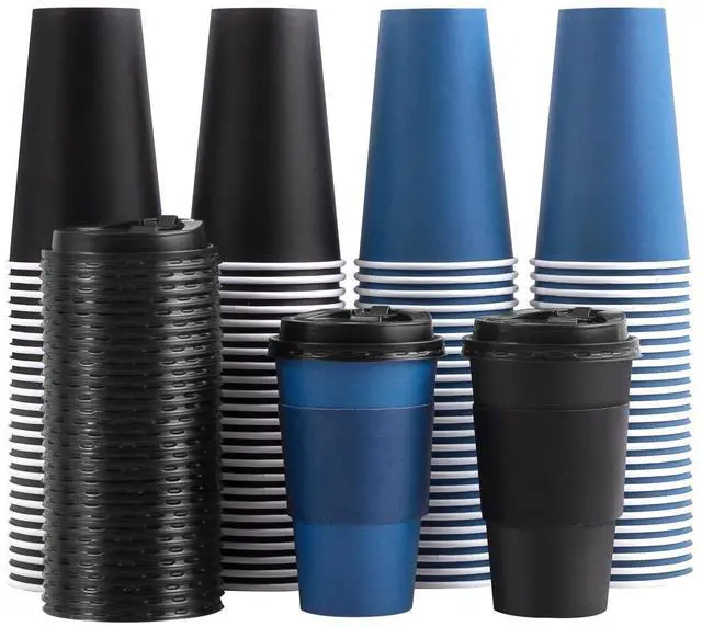Main image of 100 Pack 16 oz Disposable Coffee Cups with Lids and Sleeves, To Go Paper Cups, Hot & Cold Drinking Cups for Tea, Coffee, Water, Hot Chocolate, Paper Coffee Cups Ideal for Home,Cafes,Store