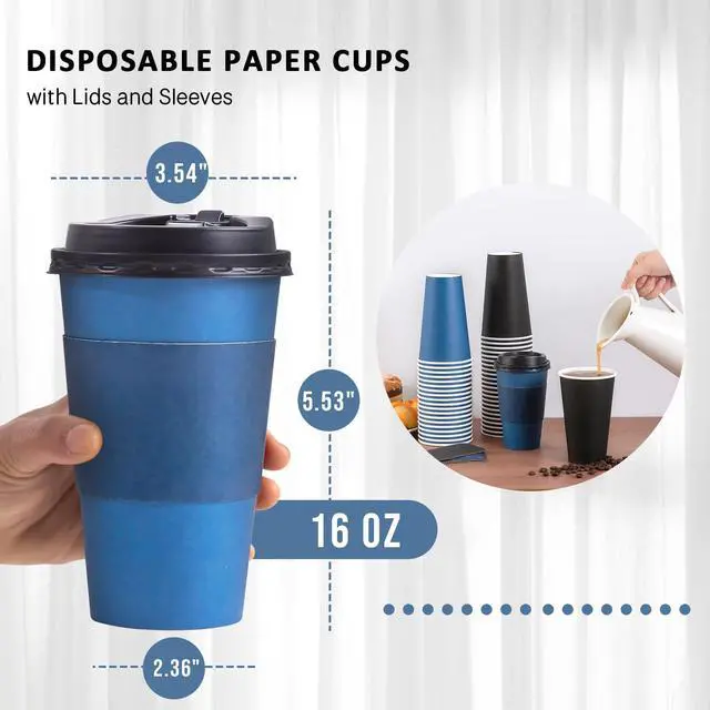 Alt view image 3 of 7 - 100 Pack 16 oz Disposable Coffee Cups with Lids and Sleeves, To Go Paper Cups, Hot & Cold Drinking Cups for Tea, Coffee, Water, Hot Chocolate, Paper Coffee Cups Ideal for Home,Cafes,Store
