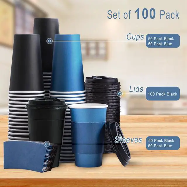 Alt view image 7 of 7 - 100 Pack 16 oz Disposable Coffee Cups with Lids and Sleeves, To Go Paper Cups, Hot & Cold Drinking Cups for Tea, Coffee, Water, Hot Chocolate, Paper Coffee Cups Ideal for Home,Cafes,Store
