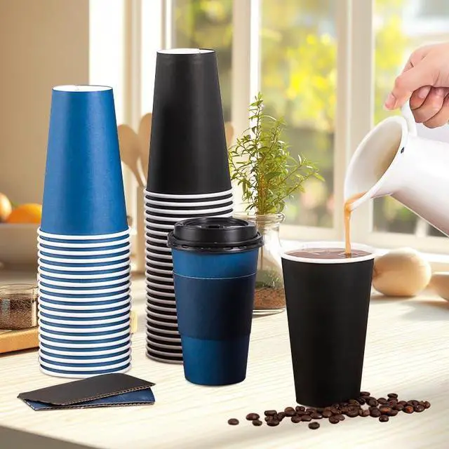 Alt view image 2 of 7 - 100 Pack 16 oz Disposable Coffee Cups with Lids and Sleeves, To Go Paper Cups, Hot & Cold Drinking Cups for Tea, Coffee, Water, Hot Chocolate, Paper Coffee Cups Ideal for Home,Cafes,Store
