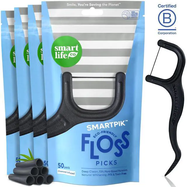 Main image of Eco-Friendly Dental Floss Picks (200ct) - Flossers Made with Straw Wheat Blend, Natural Teeth Whitening, Tooth Pick Stick for Adults, Soft on Gums, Activated Bamboo Charcoal Floss Thread