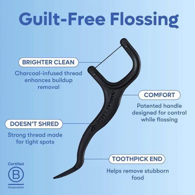 Alt view image 2 of 7 - Eco-Friendly Dental Floss Picks (200ct) - Flossers Made with Straw Wheat Blend, Natural Teeth Whitening, Tooth Pick Stick for Adults, Soft on Gums, Activated Bamboo Charcoal Floss Thread