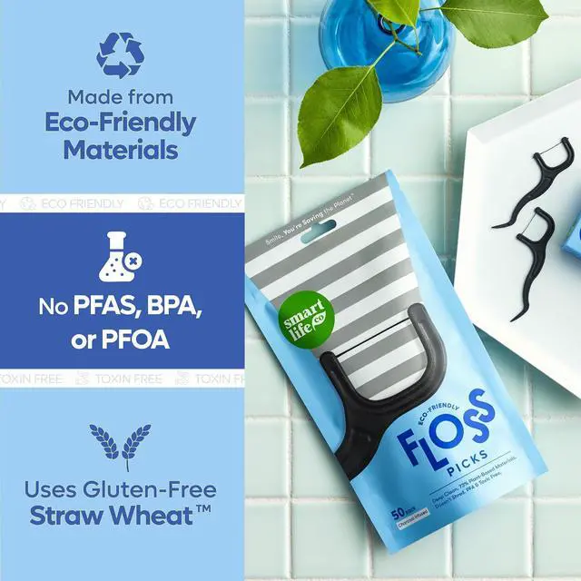 Alt view image 3 of 7 - Eco-Friendly Dental Floss Picks (200ct) - Flossers Made with Straw Wheat Blend, Natural Teeth Whitening, Tooth Pick Stick for Adults, Soft on Gums, Activated Bamboo Charcoal Floss Thread