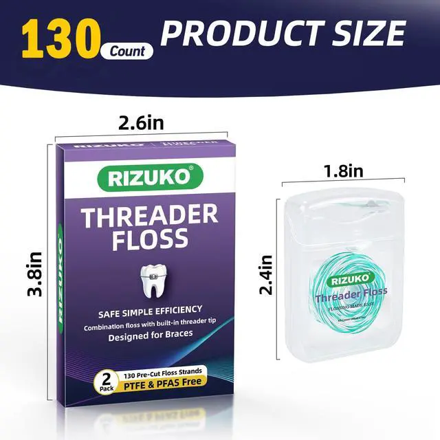 Alt view image 2 of 7 - Threader Floss,2-in-1 Dental Floss for Braces, Bridges & Implants,Easy Threading Design,130 Count PTFE & PFAS Free Expanding Floss for Deep Cleaning (65 Count(Pack of 2), Light Mint)