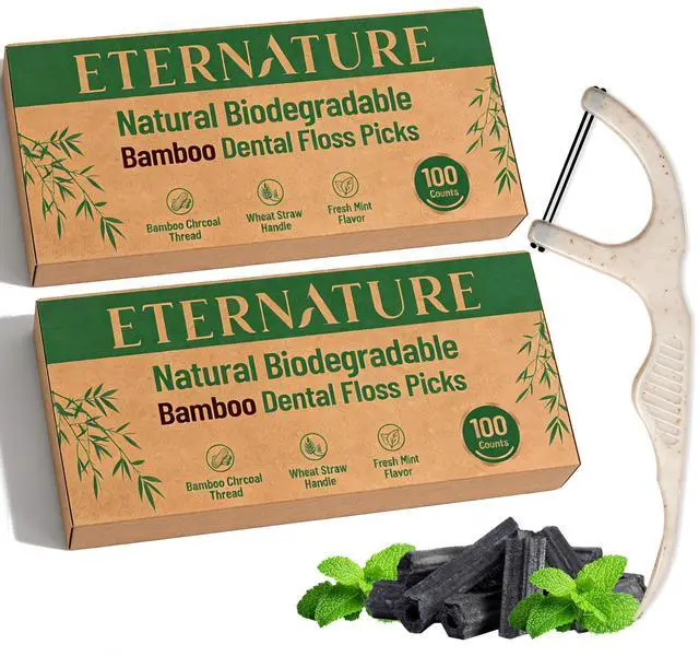 Main image of Biodegradable Dental Floss Picks for Teeth, 200ct Organic Natural Bamboo Charcoal Double Thread Floss Sticks, Flossers for Adults, Vegan Wheat Straw Flossers, Eco Friendly Teeth Cleaning, Mint