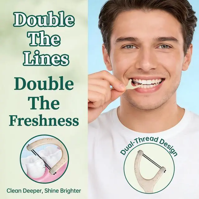 Alt view image 2 of 7 - Biodegradable Dental Floss Picks for Teeth, 200ct Organic Natural Bamboo Charcoal Double Thread Floss Sticks, Flossers for Adults, Vegan Wheat Straw Flossers, Eco Friendly Teeth Cleaning, Mint