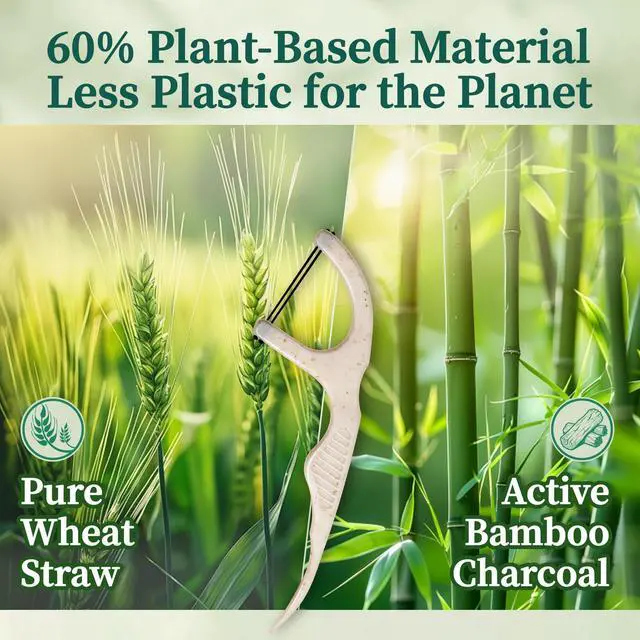 Alt view image 5 of 7 - Biodegradable Dental Floss Picks for Teeth, 200ct Organic Natural Bamboo Charcoal Double Thread Floss Sticks, Flossers for Adults, Vegan Wheat Straw Flossers, Eco Friendly Teeth Cleaning, Mint
